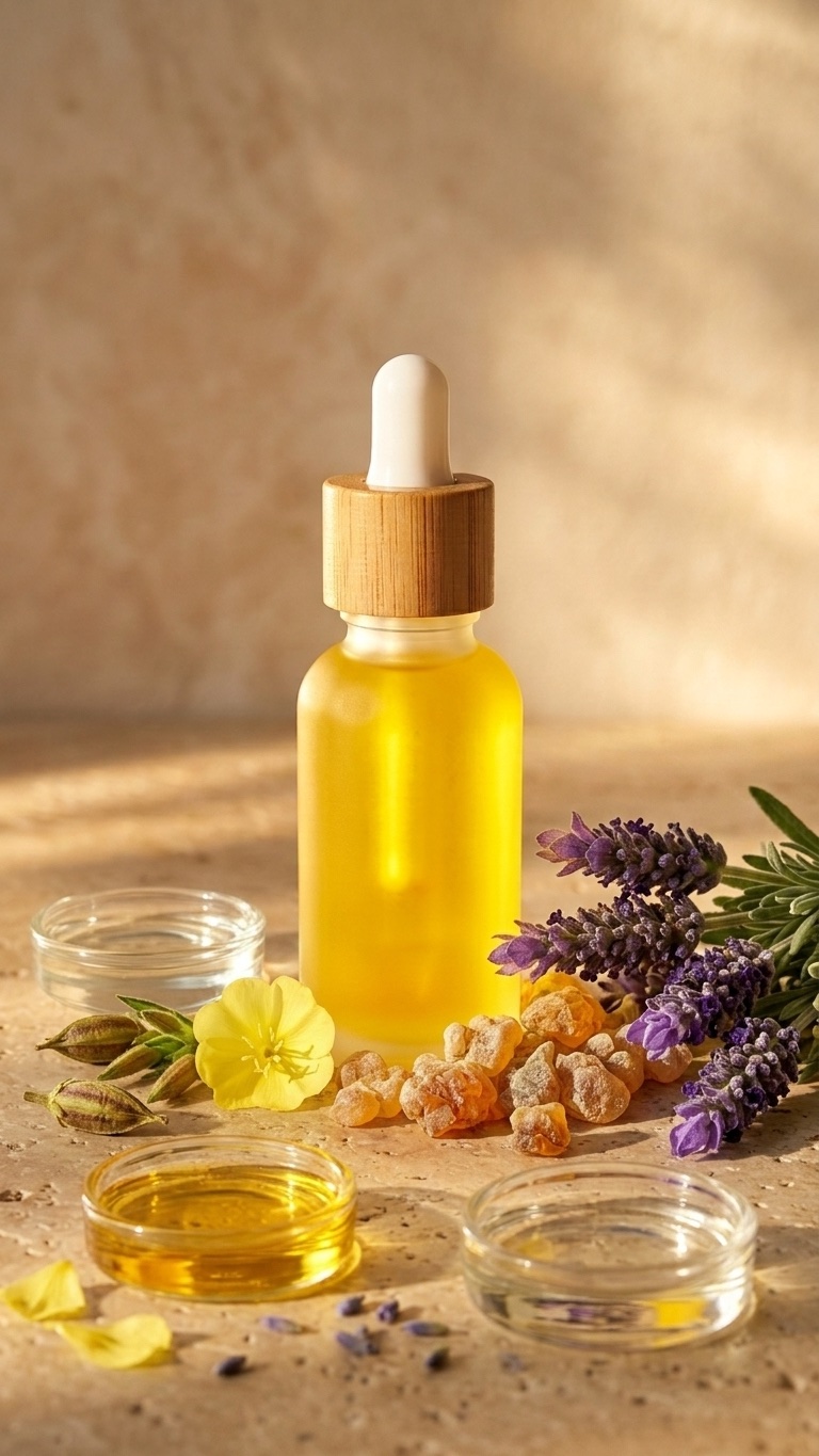 A frosted serum bottle with a bamboo dropper beside small dishes of botanical oil